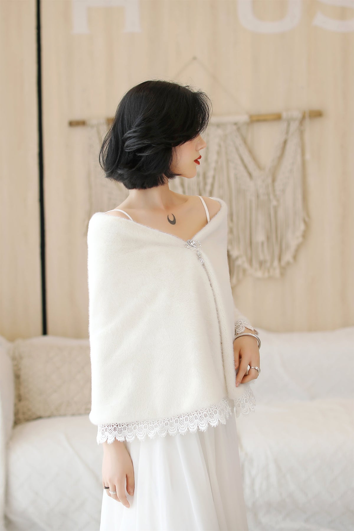 White Lace-Trimmed Wedding Gown Shawl