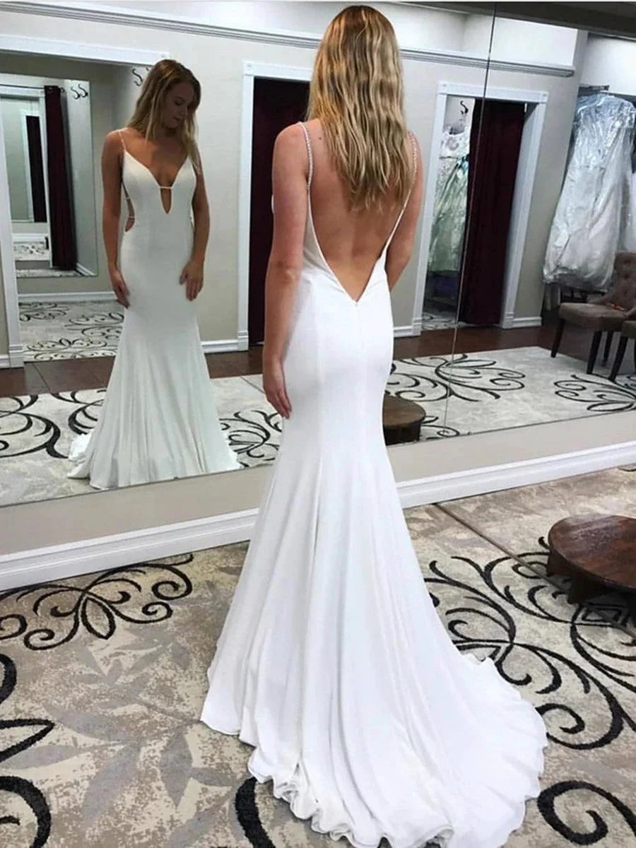 White Lomg Mermaid V Neck Backless Wedding Dresses with Sweep Train (ZD16733)