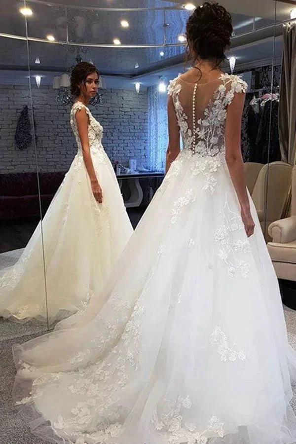 White Long A-line Tulle Lace Appiliques Wedding Dresses (ZD15008)