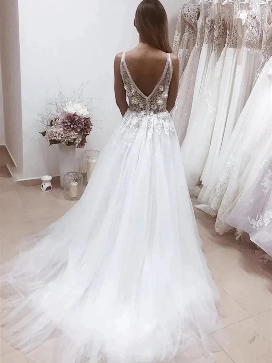 White Long A-line V Neck Backless Lace Appliques Wedding Dresses (ZD16742)