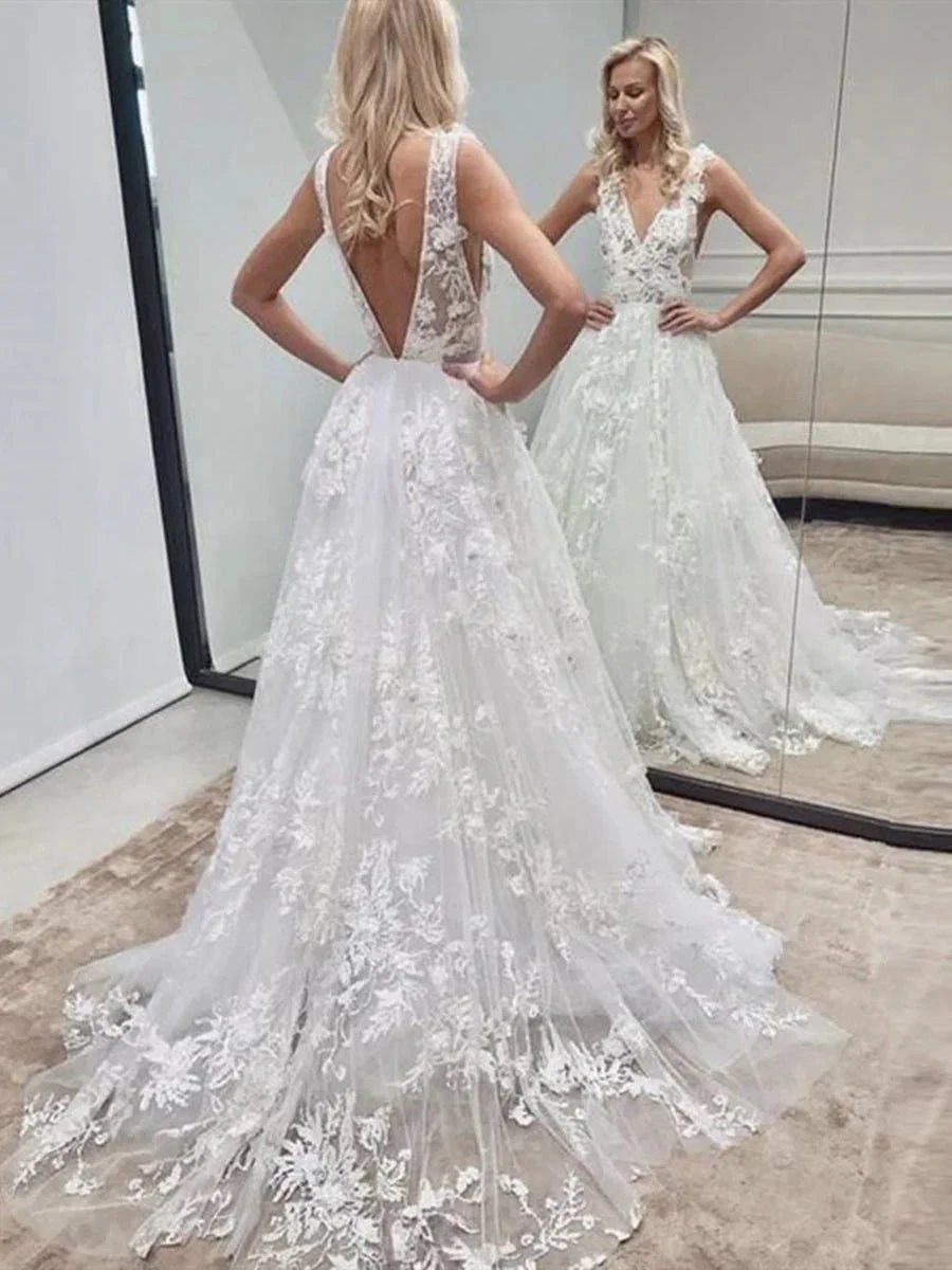 White Long A Line V Neck Backless Tulle Lace Wedding Dresses (ZD16743) - VelvetHem