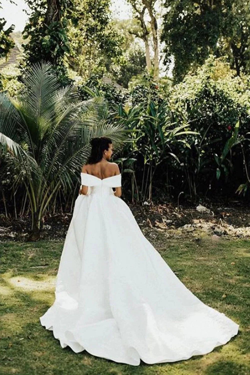 White Long Ball Gown Off The Shoulder Satin Wedding Dress (ZD15989) - View 5 | VelvetHem