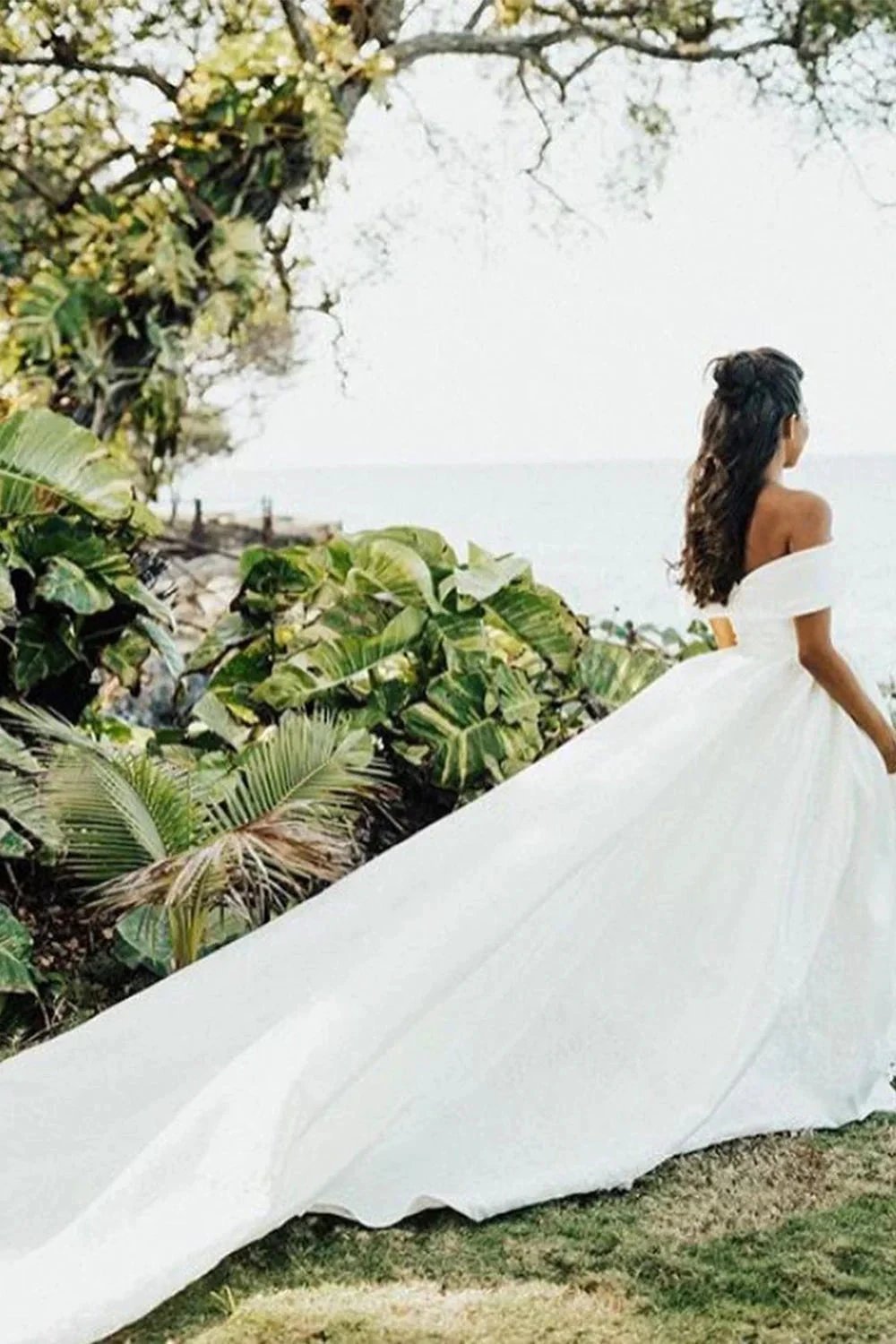 White Long Ball Gown Off The Shoulder Satin Wedding Dress (ZD15989) - View 6 | VelvetHem