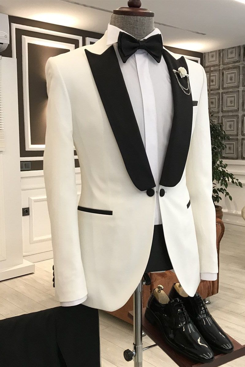 White Mixed Black Peaked Lapel One Button Slim-Fit Prom Men Suit