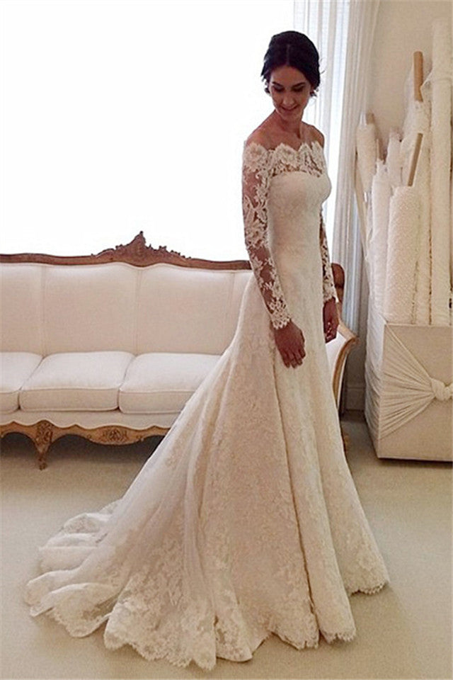 White Off-the-Shoulder Lace Long Sleeves Bridal Gowns Sheath Simple Custom Made Wedding Dresses