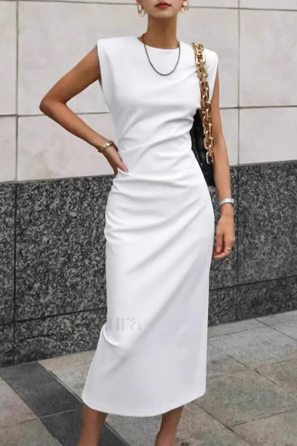 White Round Neck Dress with Premium Everyday Styling Boutique Fashion Style