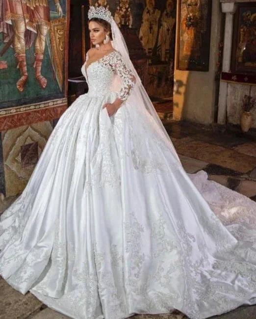 White Satin A-line Lace V-neck Wedding Dresses With Long Sleeves (ZD14499)