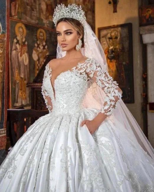 White Satin A-line Lace V-neck Wedding Dresses With Long Sleeves (ZD14499)