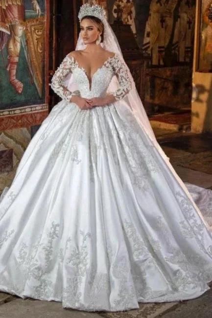 White Satin A-line Lace V-neck Wedding Dresses With Long Sleeves (ZD14499)