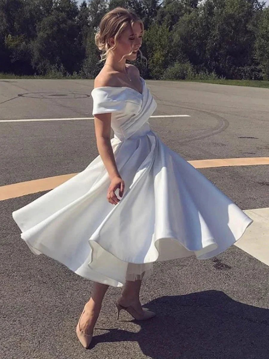 White Short A-line Off the Shoulder Tea Length Satin Wedding Dresses (ZD16741)