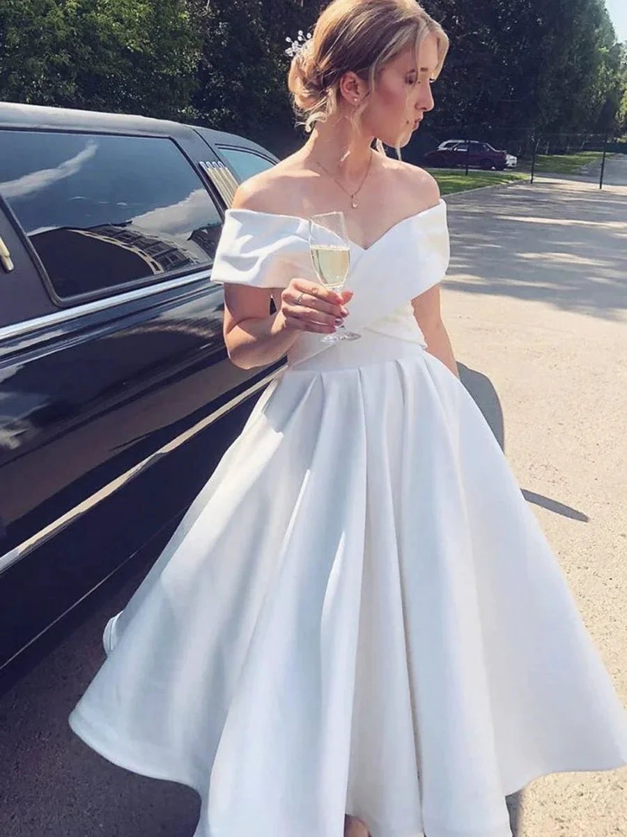 White Short A-line Off the Shoulder Tea Length Satin Wedding Dresses (ZD16741)