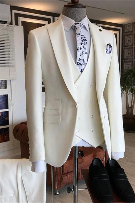 White Three Pieces Peaked Lapel Bespoke Men Suits for Wedding