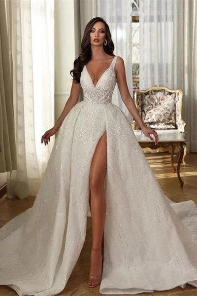 White V-neck Sleeveless Sequined Split Wedding Dress With Train (ZD16466)