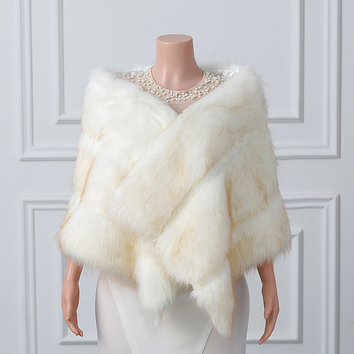 White Yellow Pointed High-Low Faux Fur Shawl