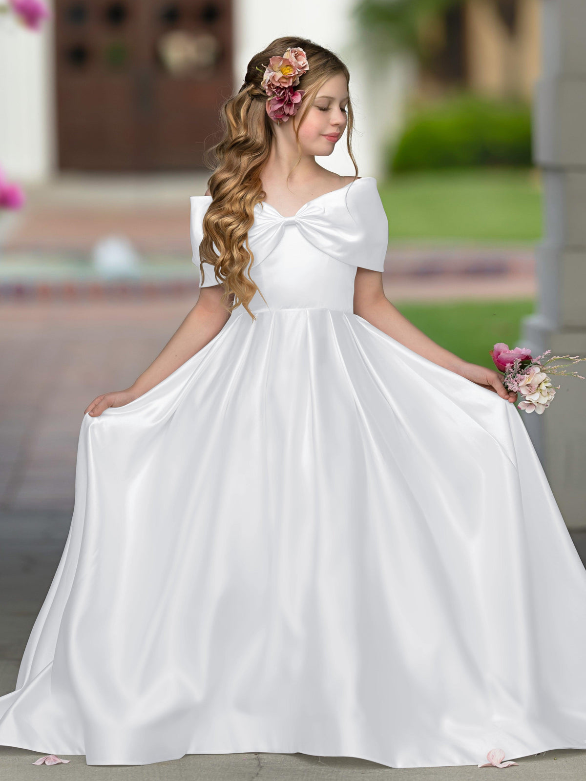 Elegant Ivory Satin Princess Ball Gown with Sweep Train and Bow for Flower Girls - View 10 | VelvetHem