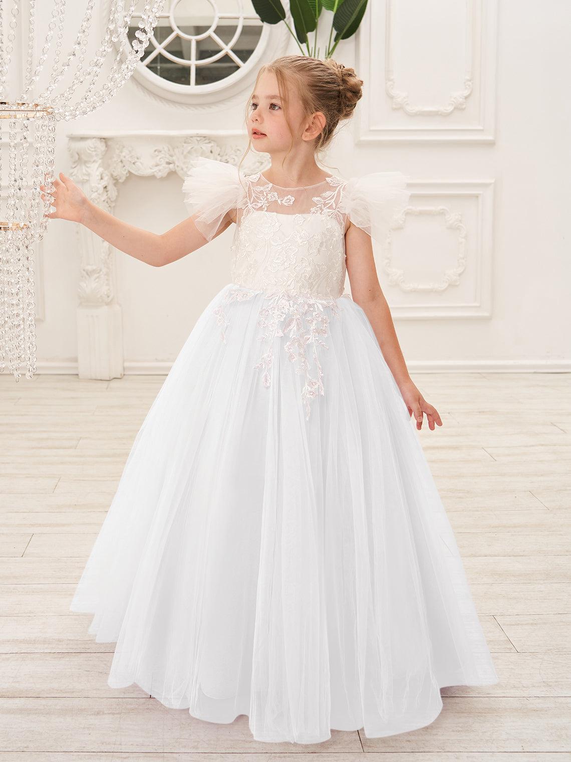 Detachable Lace Tulle Sweep Train Flower Girl Dress