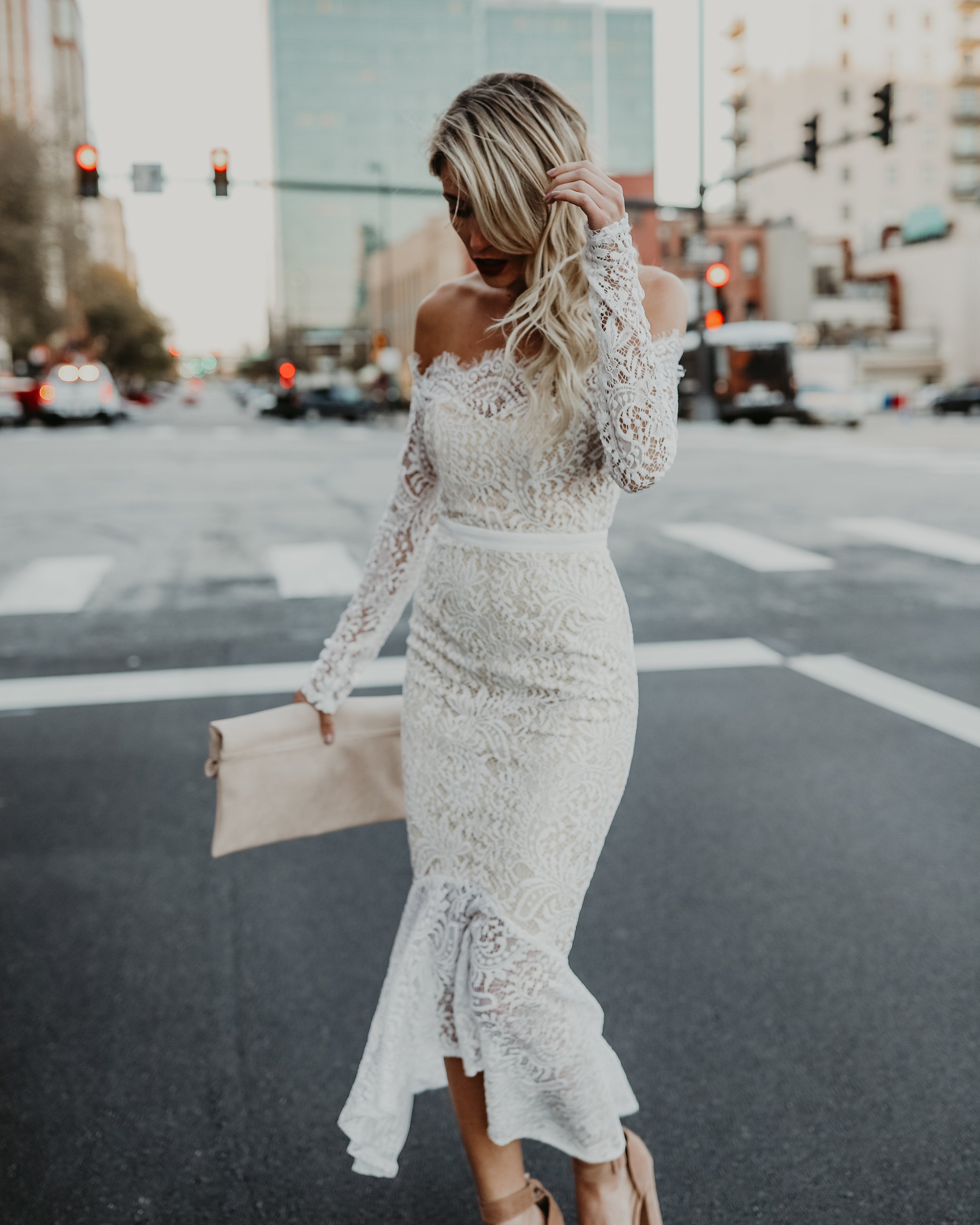 Elegance Lace Trumpet Dress White