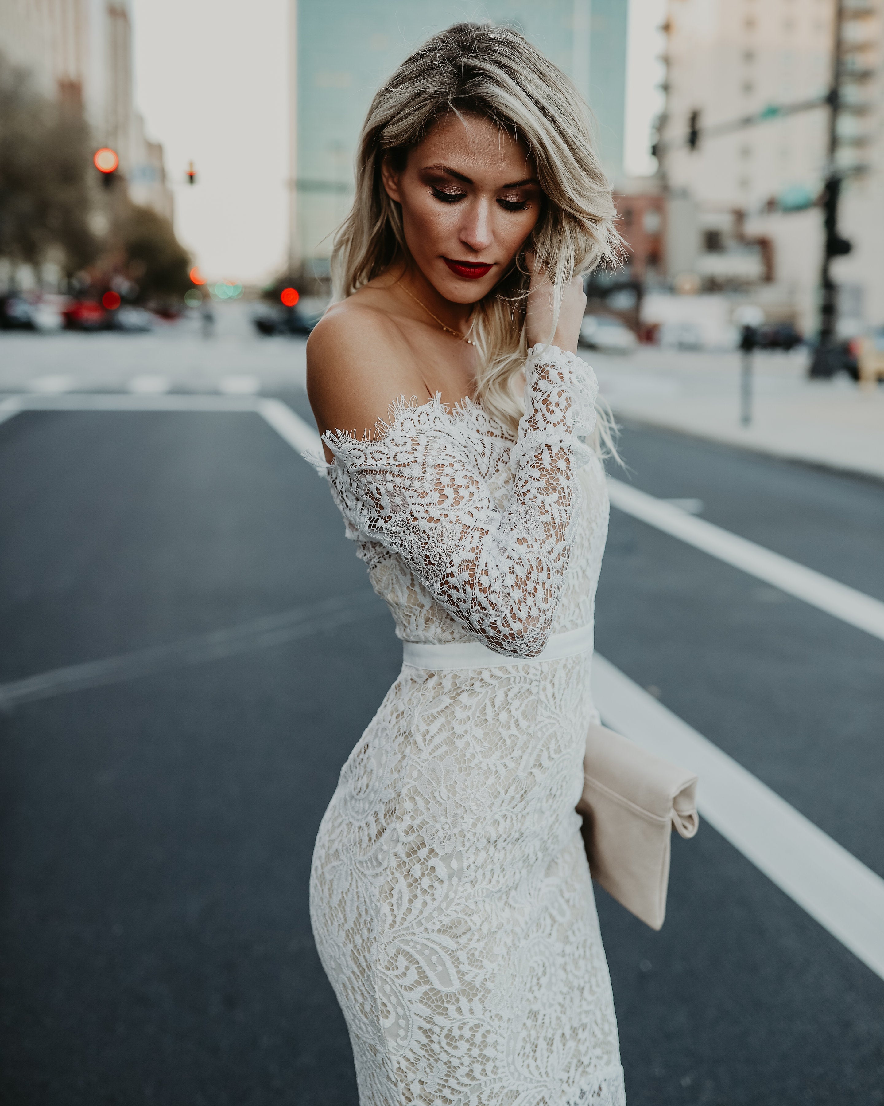 Elegance Lace Trumpet Dress White