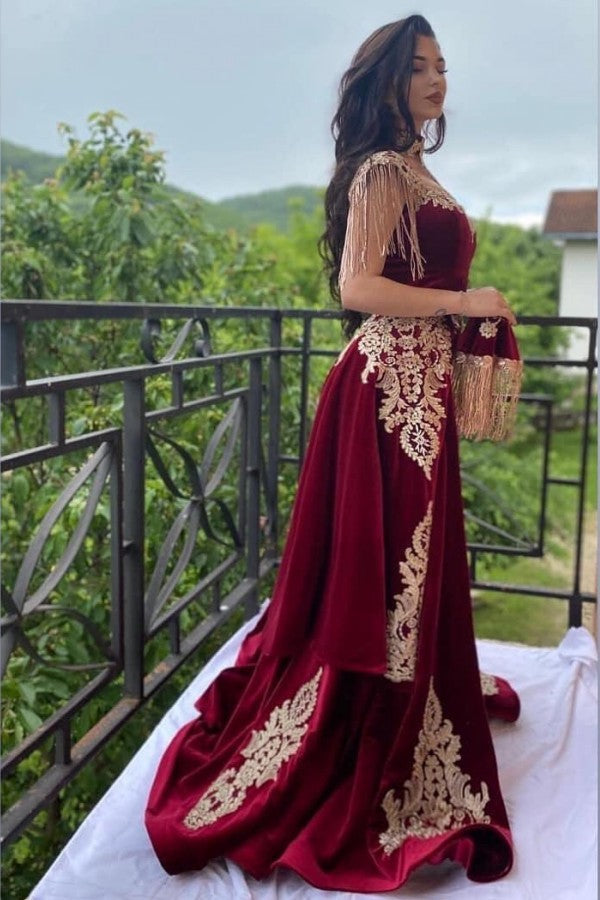 Wine red evening dresses long Yellow Floral Appliques Velvet evening wear