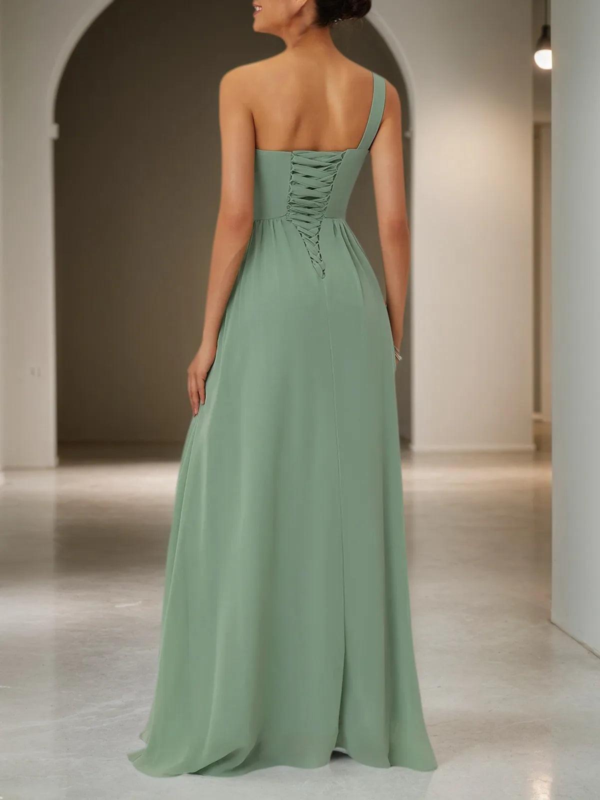 Light Green Ruched Asymmetric Chiffon One Shoulder Sleeveless A-Line Maxi Bridesmaid Dress