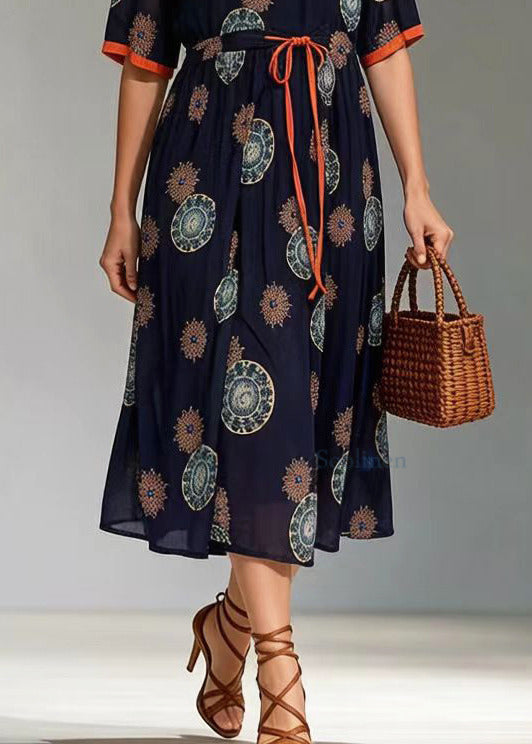 Women Black Cinched Print Chiffon Long Dress Summer