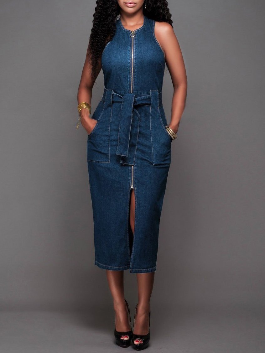 Women Elegant Sleeveless Denim Jean Dress with Zipper Belt Ins Street
