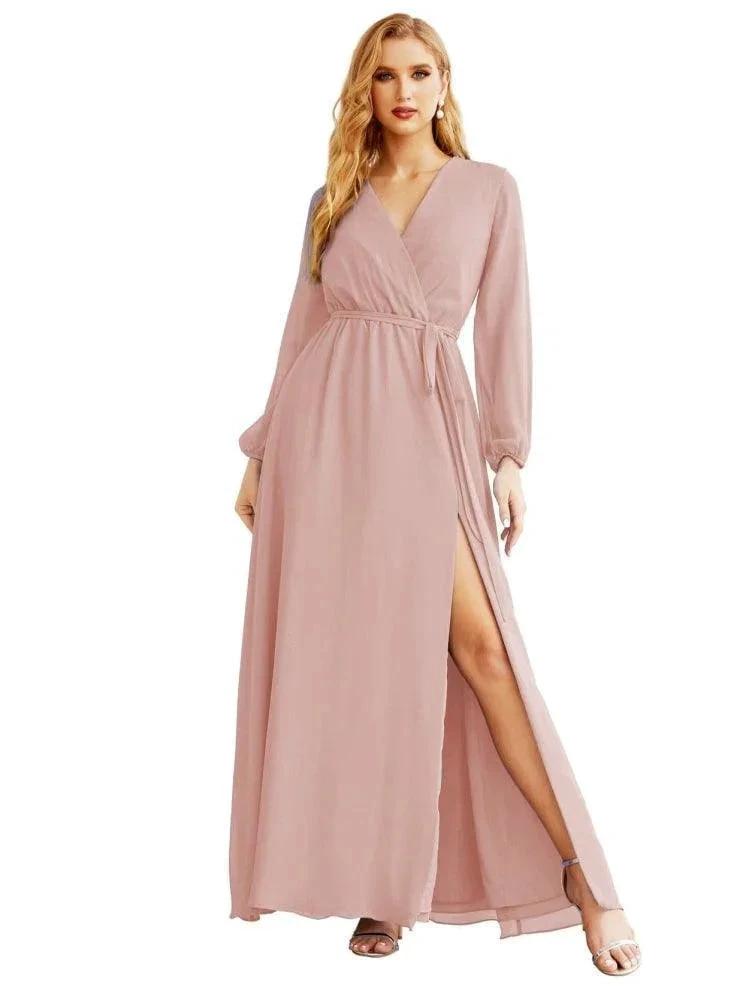 Women's Chiffon Bridesmaid Dress A line Long Sleeves Formal Evening Prom Gown for Wedding Guest (ZD17025) - View 9 | VelvetHem
