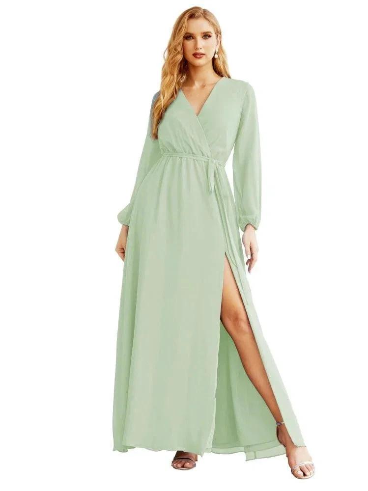 Women's Chiffon Bridesmaid Dress A line Long Sleeves Formal Evening Prom Gown for Wedding Guest (ZD17025) - View 5 | VelvetHem