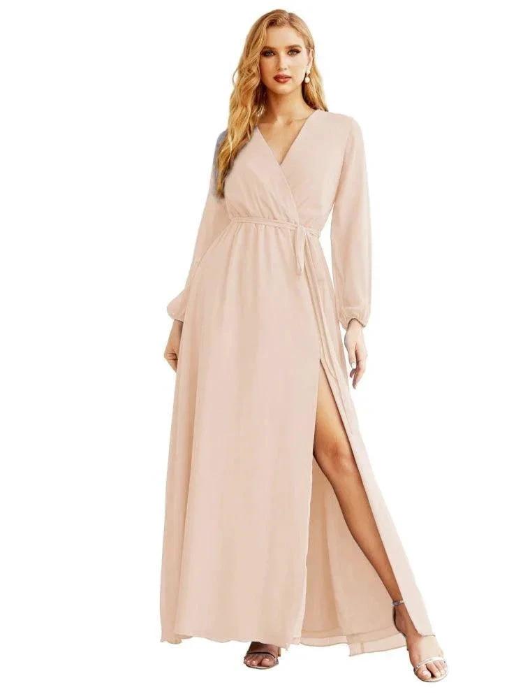 Women's Chiffon Bridesmaid Dress A line Long Sleeves Formal Evening Prom Gown for Wedding Guest (ZD17025) - View 8 | VelvetHem
