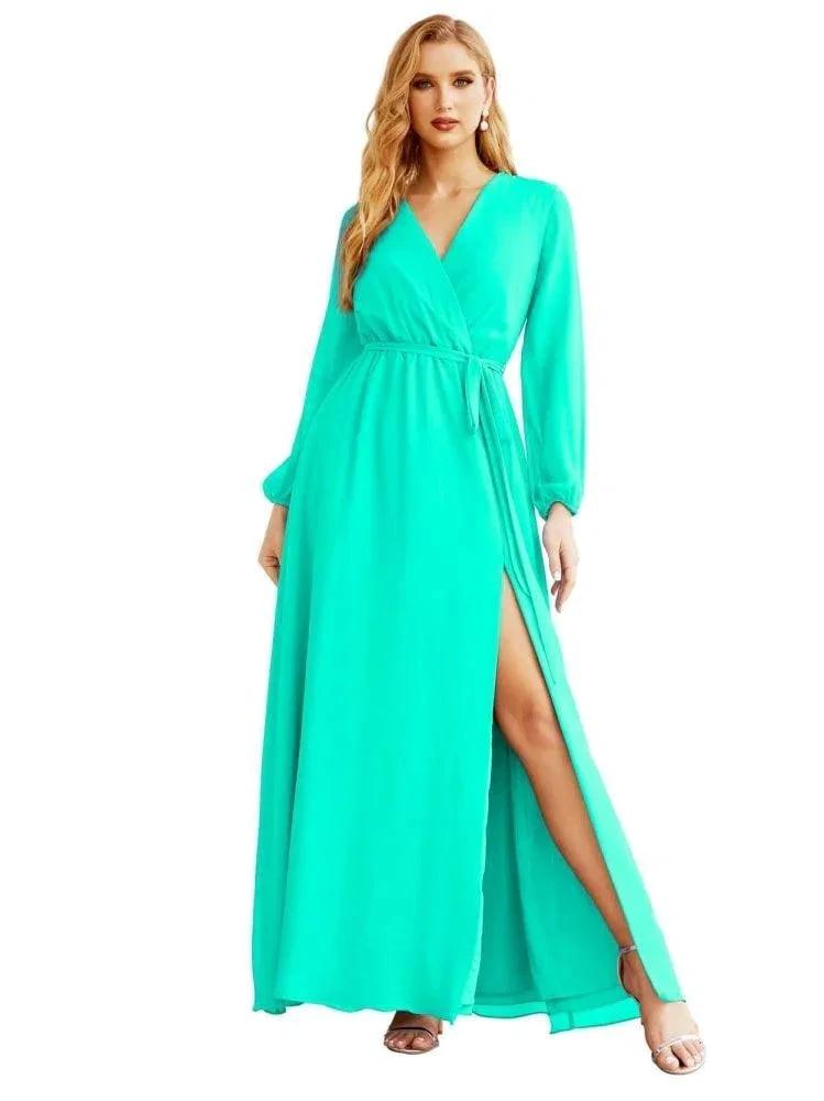 Women's Chiffon Bridesmaid Dress A line Long Sleeves Formal Evening Prom Gown for Wedding Guest (ZD17025) - VelvetHem