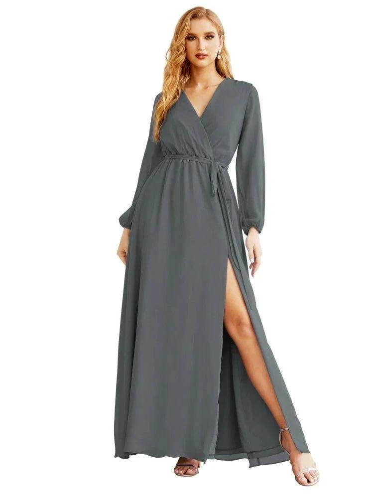 Women's Chiffon Bridesmaid Dress A line Long Sleeves Formal Evening Prom Gown for Wedding Guest SEA28032 by numbersea