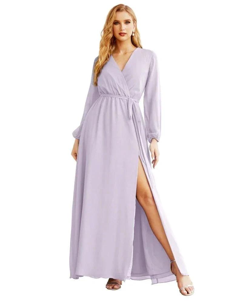 Women's Chiffon Bridesmaid Dress A line Long Sleeves Formal Evening Prom Gown for Wedding Guest (ZD17025) - View 14 | VelvetHem