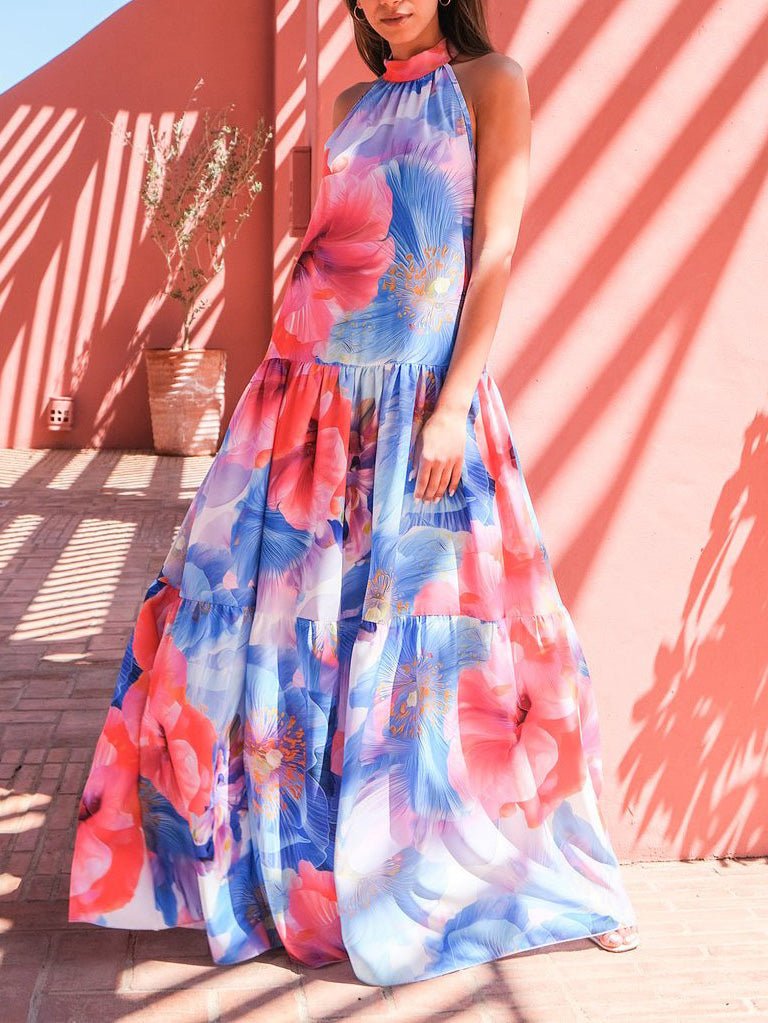 Multicolor Print Halter Neck Sleeveless Dress