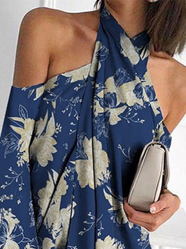 Printed Halter Off Shoulder Irregular Dress