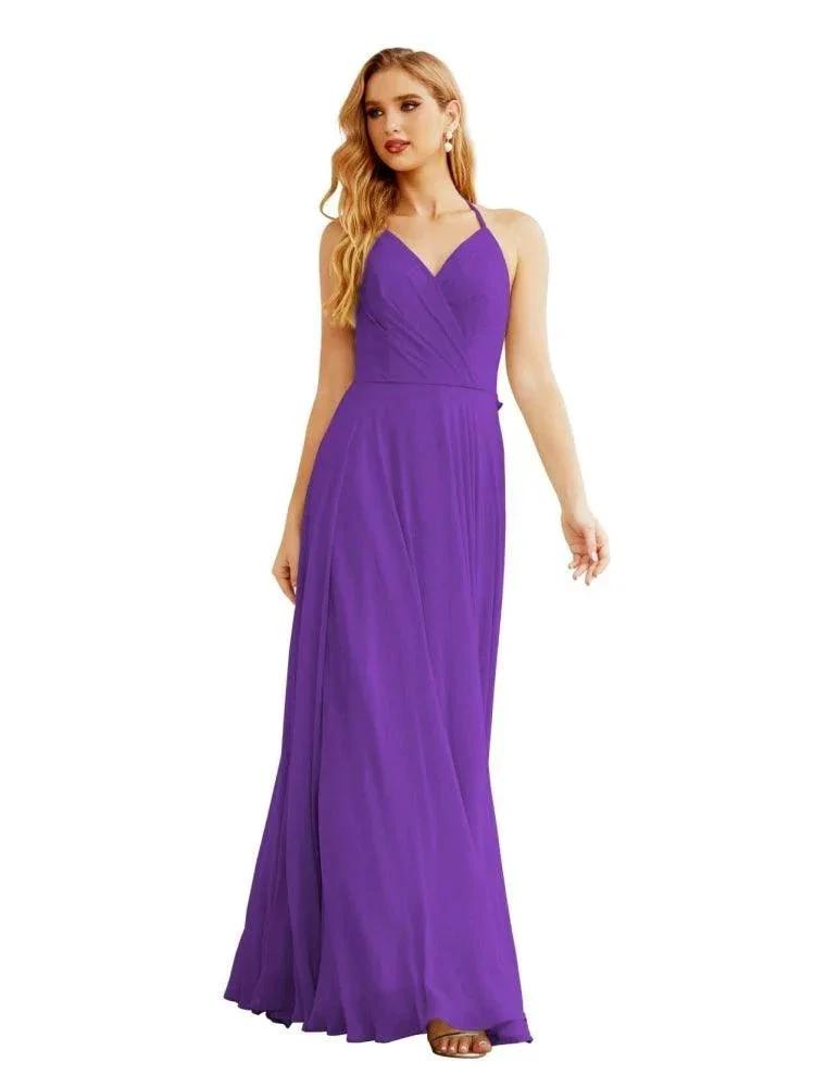 Women's Halter Chiffon Bridesmaid Dresses Wedding Apparel Long Sleeveless Formal Prom Dress with Ruffled Back SEA28035 by numbersea
