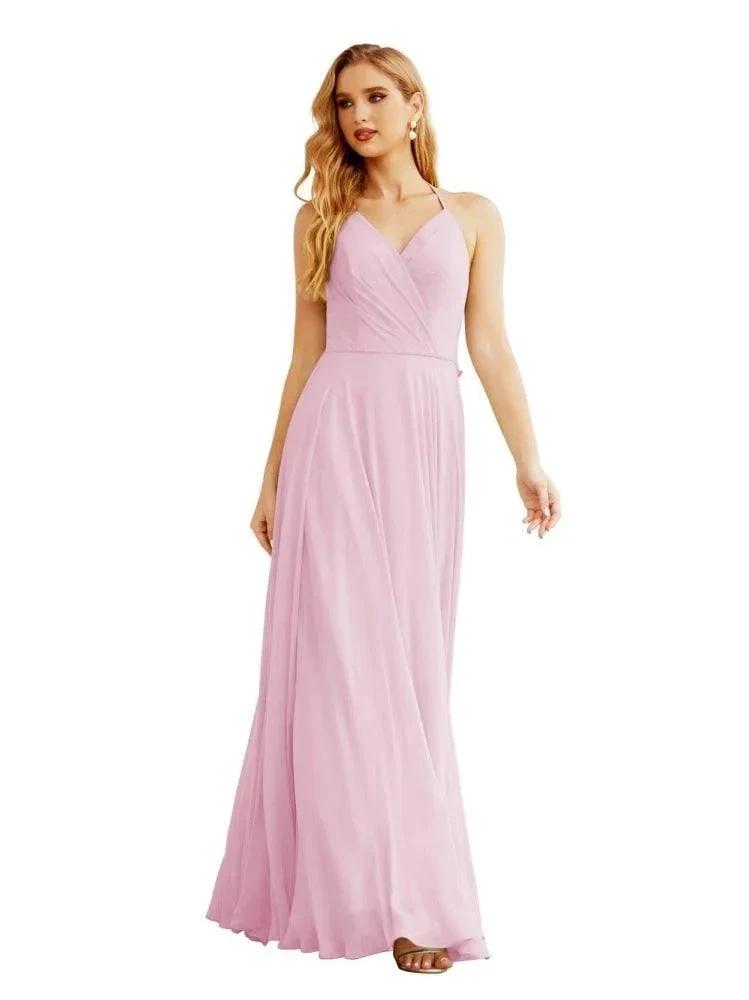 Women's Halter Chiffon Bridesmaid Dresses Wedding Apparel Long Sleeveless Formal Prom Dress with Ruffled Back SEA28035 by numbersea