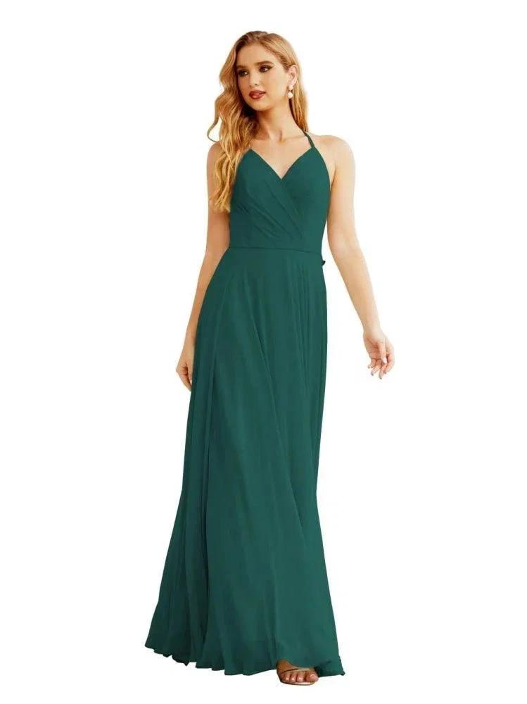 Women's Halter Chiffon Bridesmaid Dresses Wedding Apparel Long Sleeveless Formal Prom Dress with Ruffled Back SEA28035 by numbersea