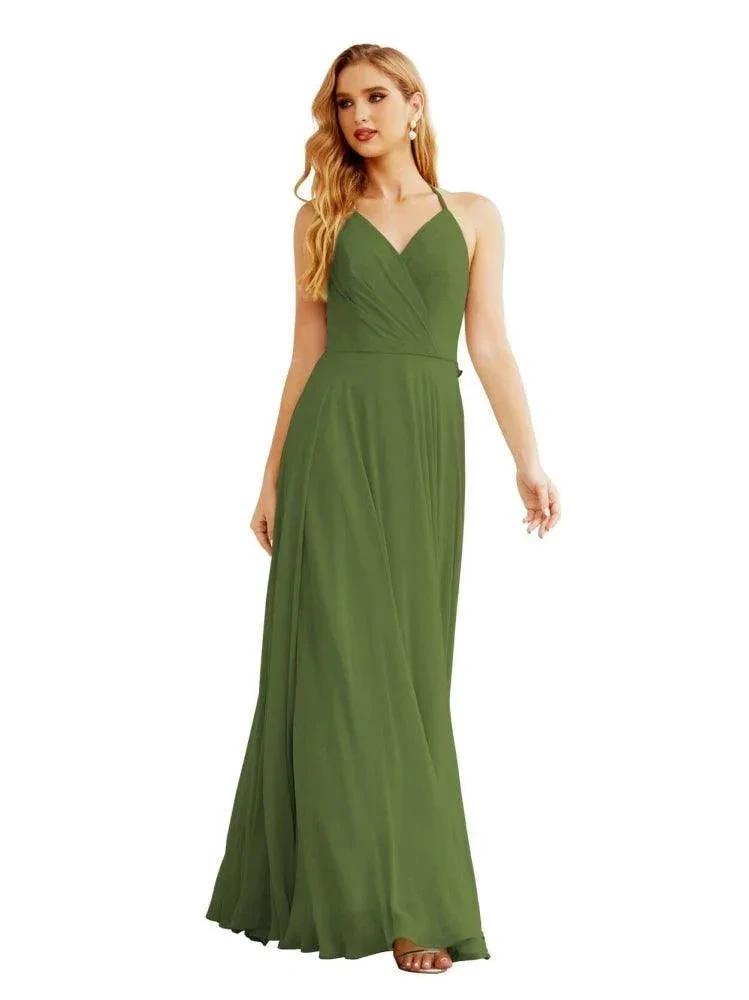 Women's Halter Chiffon Bridesmaid Dresses Wedding Apparel Long Sleeveless Formal Prom Dress with Ruffled Back SEA28035 by numbersea