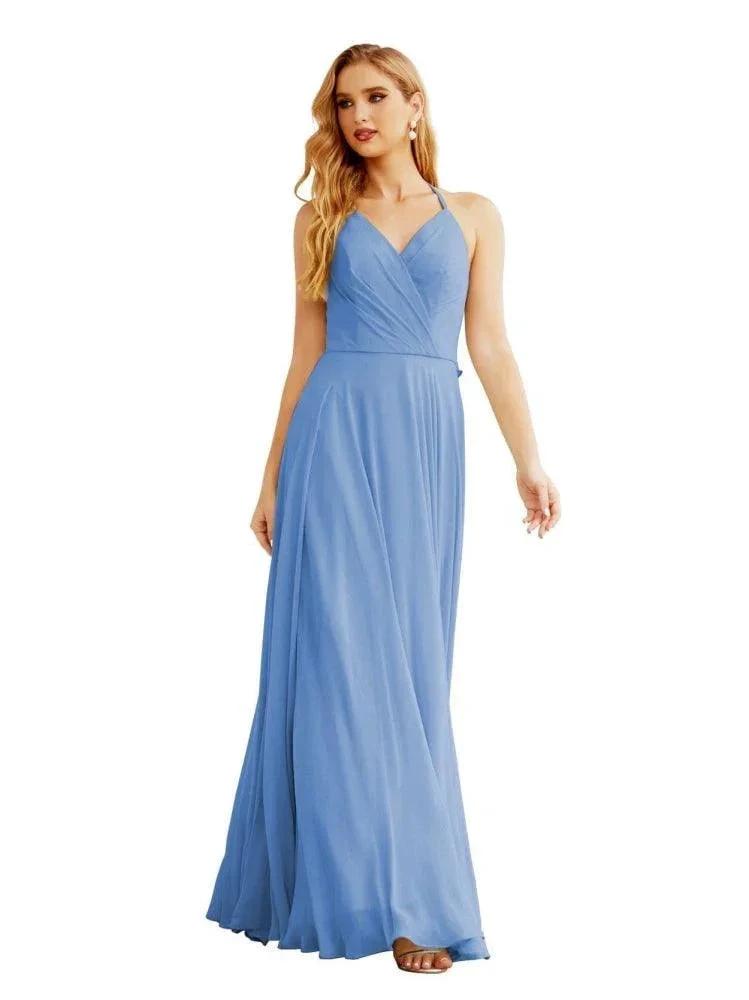 Women's Halter Chiffon Bridesmaid Dresses Wedding Apparel Long Sleeveless Formal Prom Dress with Ruffled Back SEA28035 by numbersea