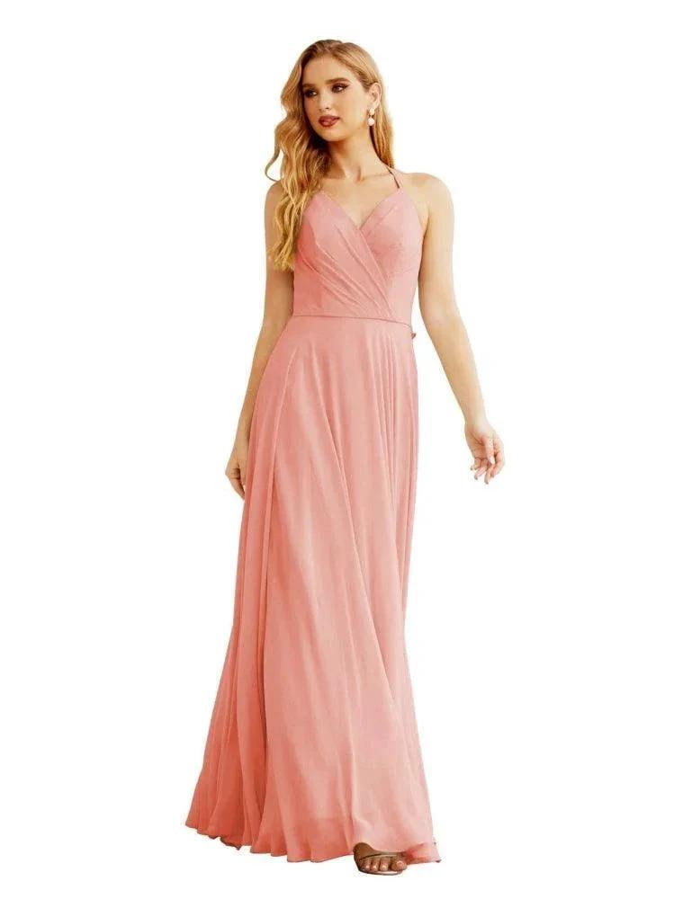 Women's Halter Chiffon Bridesmaid Dresses Wedding Apparel Long Sleeveless Formal Prom Dress with Ruffled Back SEA28035 by numbersea