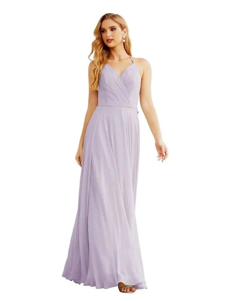 Women's Halter Chiffon Bridesmaid Dresses Wedding Apparel Long Sleeveless Formal Prom Dress with Ruffled Back SEA28035 by numbersea