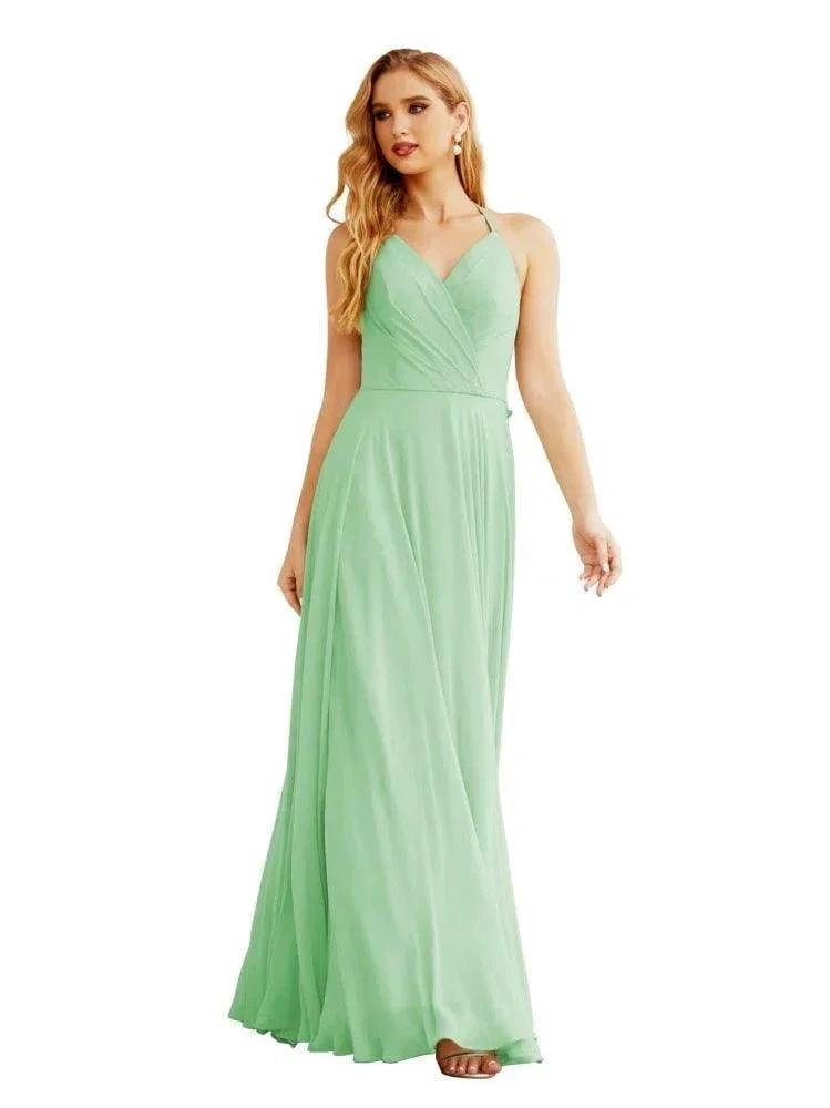 Women's Halter Chiffon Bridesmaid Dresses Wedding Apparel Long Sleeveless Formal Prom Dress with Ruffled Back SEA28035 by numbersea