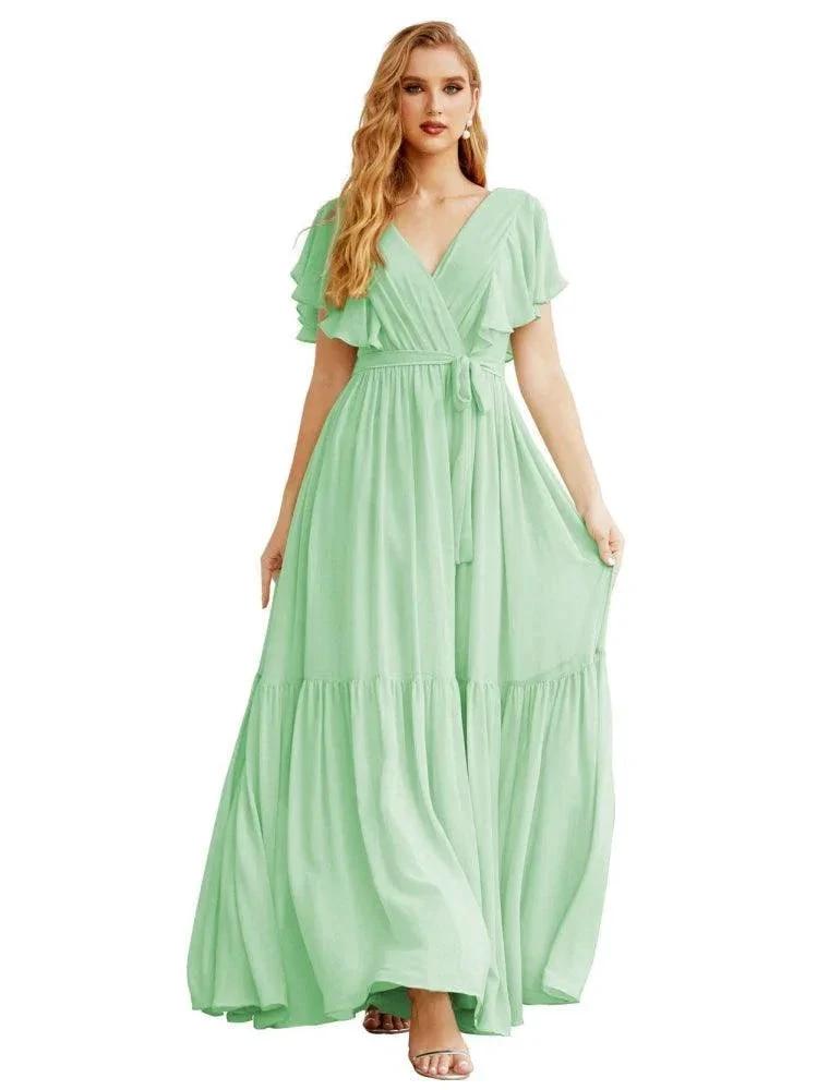 Women's Open Back Formal Evening Party Prom Gowns V-Neck Long Chiffon Bridesmaid Dresses with Waist Belt SEA28038 by numbersea