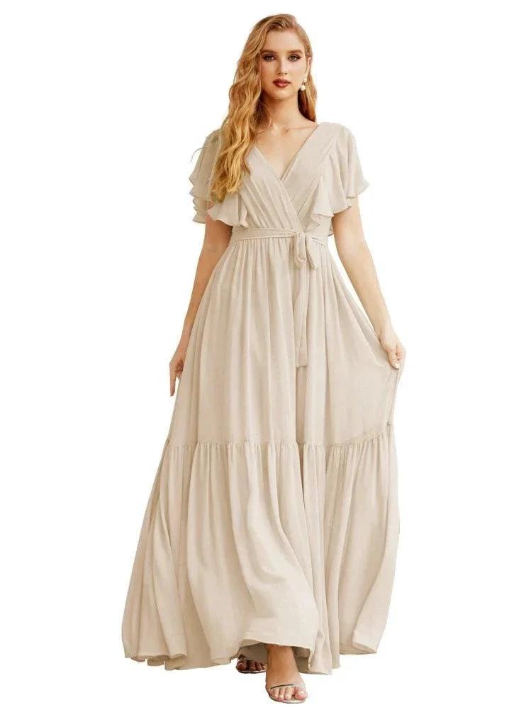 Women's Open Back Formal Evening Party Prom Gowns V-Neck Long Chiffon Bridesmaid Dresses with Waist Belt SEA28038 by numbersea