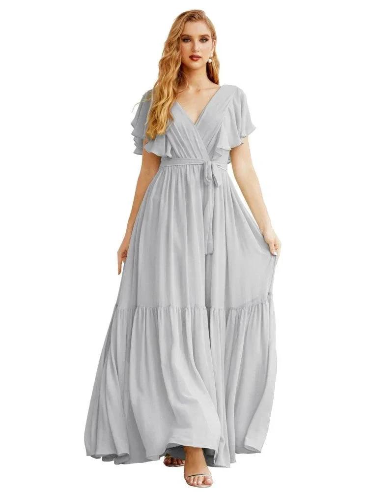 Women's Open Back Formal Evening Party Prom Gowns V-Neck Long Chiffon Bridesmaid Dresses with Waist Belt SEA28038 by numbersea