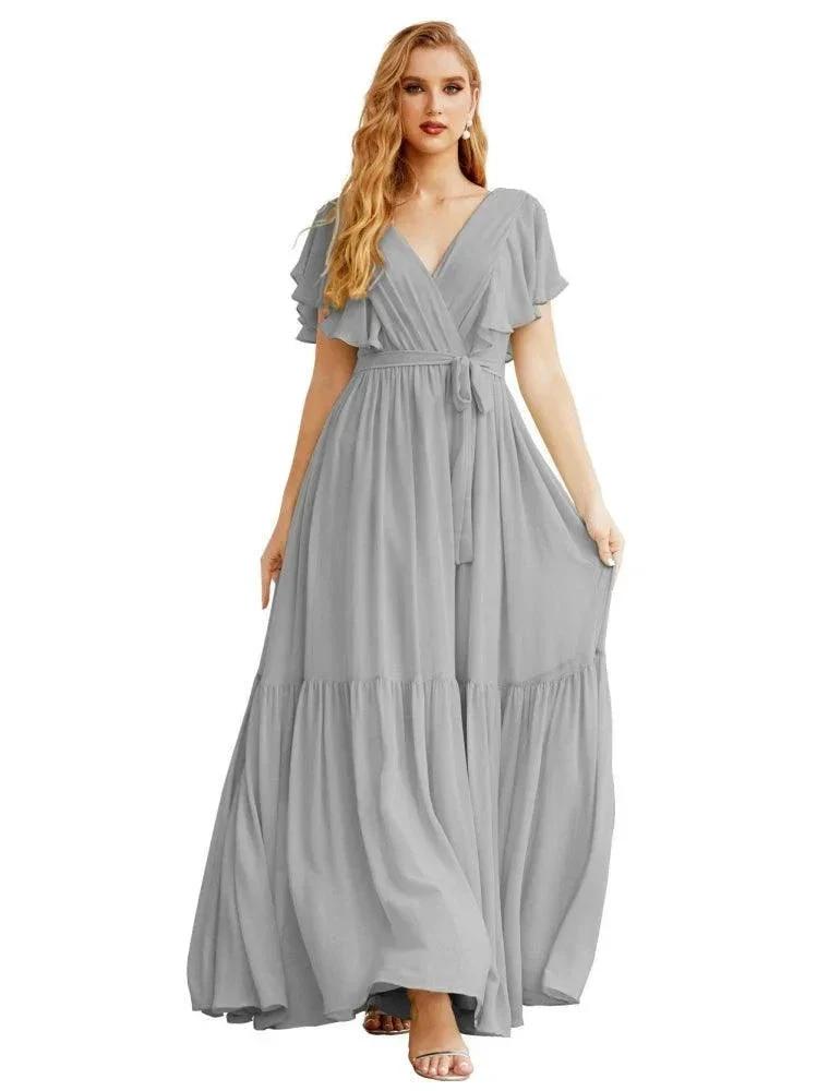 Women's Open Back Formal Evening Party Prom Gowns V-Neck Long Chiffon Bridesmaid Dresses with Waist Belt SEA28038 by numbersea