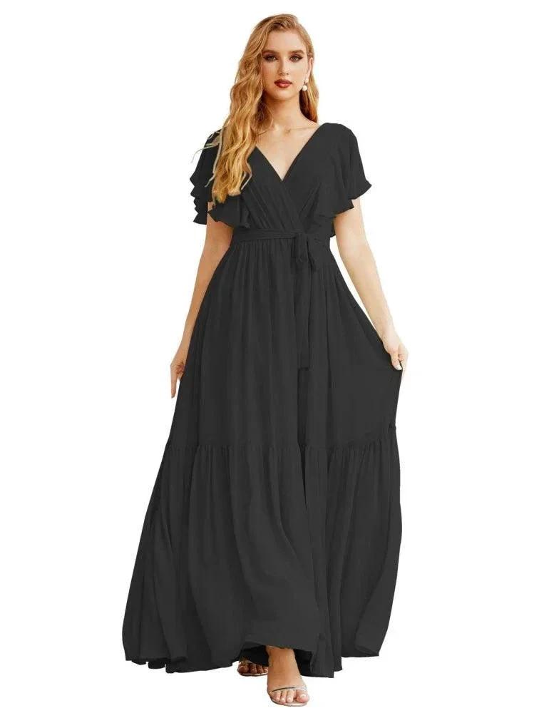 Women's Open Back Formal Evening Party Prom Gowns V-Neck Long Chiffon Bridesmaid Dresses with Waist Belt SEA28038 by numbersea