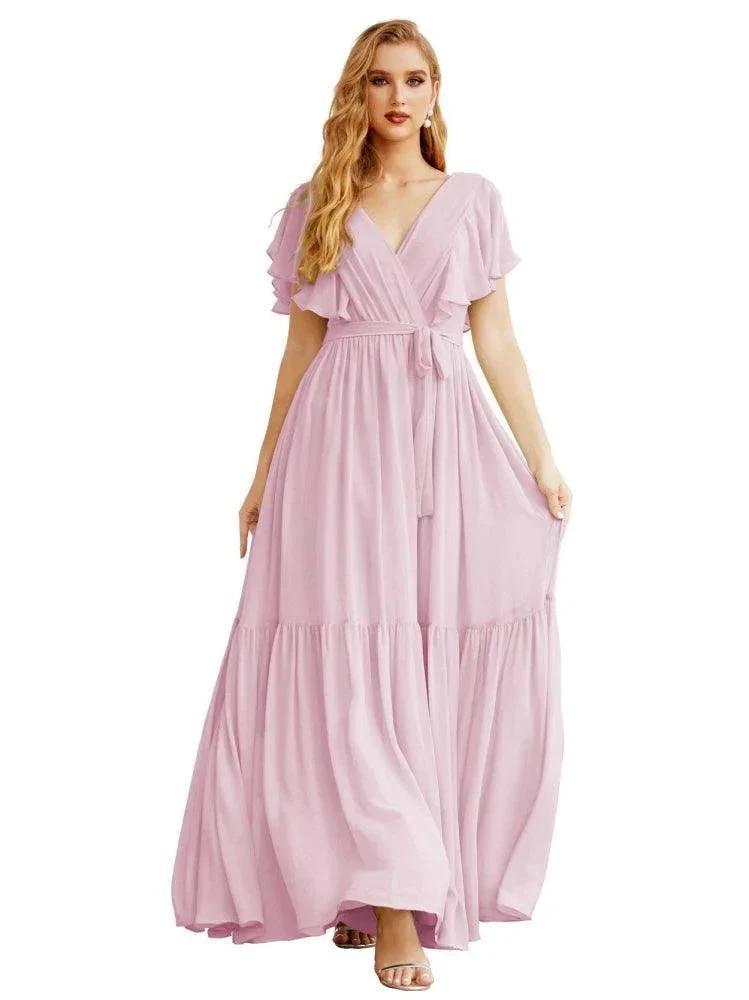 Women's Open Back Formal Evening Party Prom Gowns V-Neck Long Chiffon Bridesmaid Dresses with Waist Belt SEA28038 by numbersea