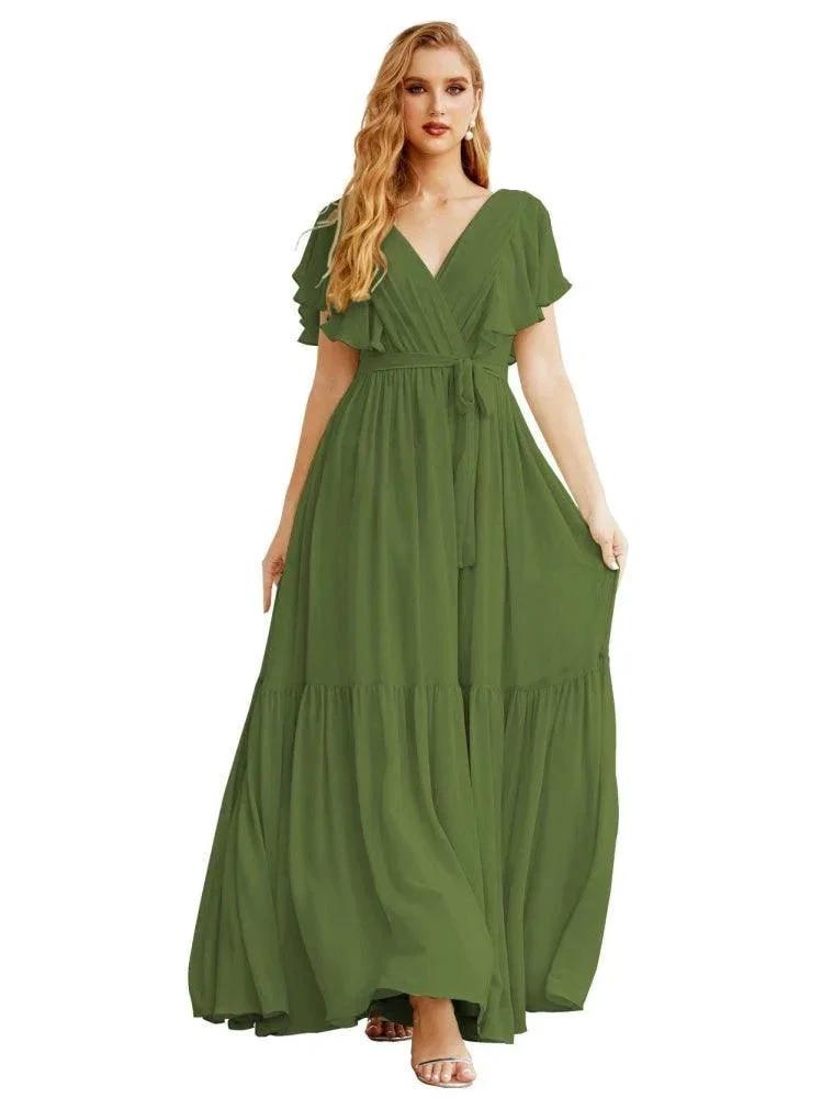 Women's Open Back Formal Evening Party Prom Gowns V-Neck Long Chiffon Bridesmaid Dresses with Waist Belt SEA28038 by numbersea