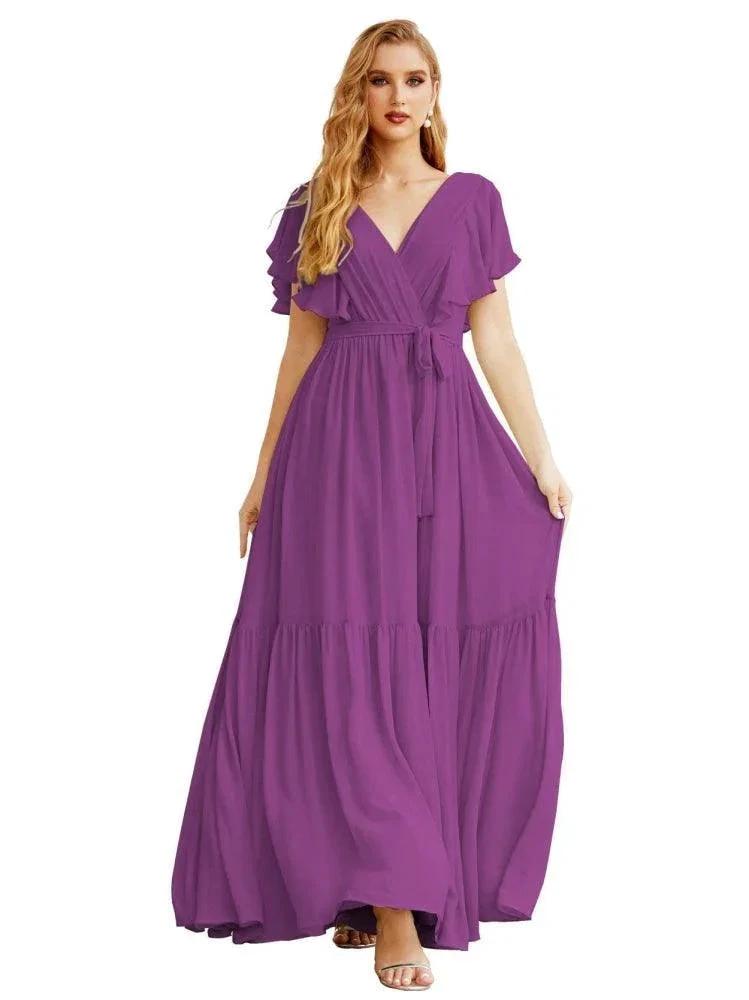 Women's Open Back Formal Evening Party Prom Gowns V-Neck Long Chiffon Bridesmaid Dresses with Waist Belt SEA28038 by numbersea